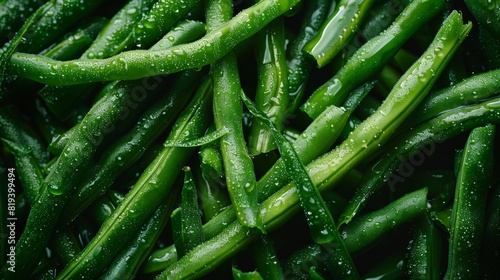Advertising image of steamed green beans, close-up, isolated white background, studio lighting highlighting their vibrant green color and fresh appearance