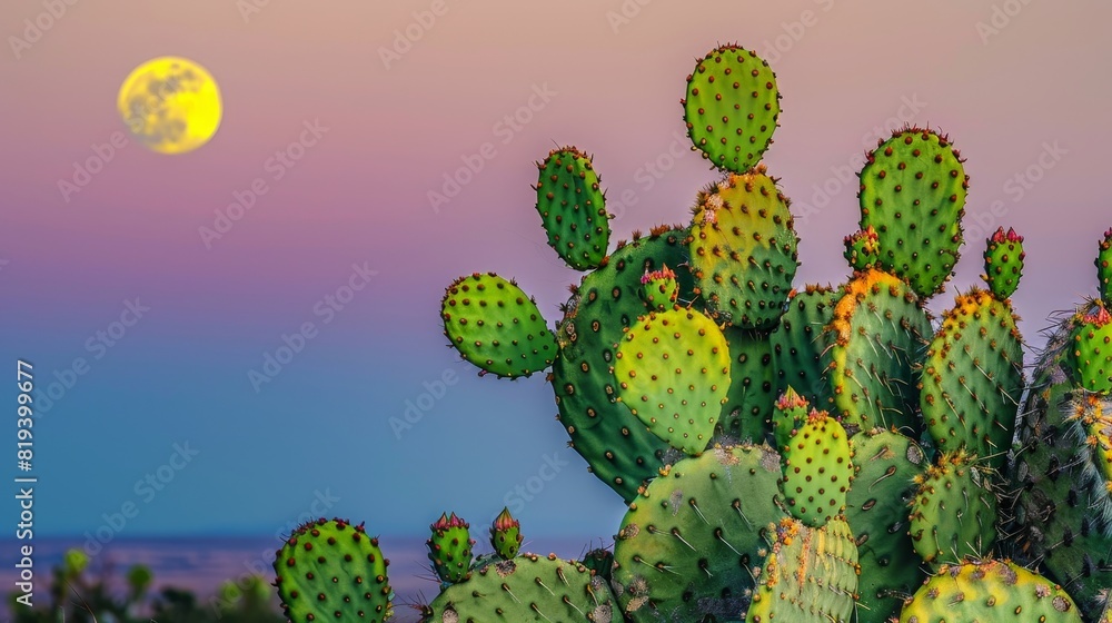 Cactus with green fruit at sunset in a desert garden, close-up view, night approaching with the moon rising in the clear sky Cactus with green fruit at sunset in a desert garden, close-up view, night approaching with the moon rising in the clear sky