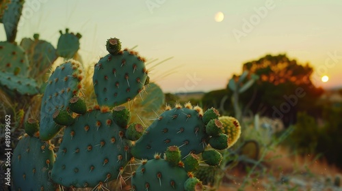 Cactus bearing green fruit, captured in close-up during a stunning desert sunset, with the moon starting to rise in the background, cactus garden setting photo