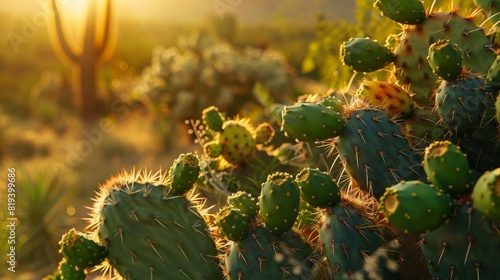 Cactus with green fruit  seen up close in a desert garden at sunset  springtime light casting a golden glow over the scene