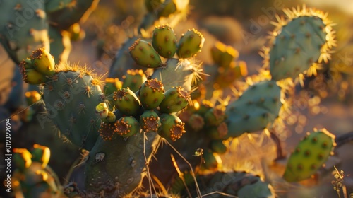 Cactus with green fruit  seen up close in a desert garden at sunset  springtime light casting a golden glow over the scene