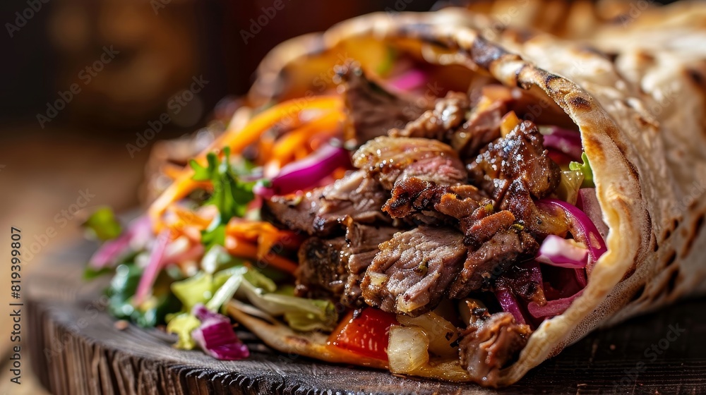 Close-up of a delicious doner kebab, emphasizing the juicy meat, fresh salad, and crispy pita, capturing the essence of this popular street food Close-up of a delicious doner kebab, emphasizing the juicy meat, fresh salad, and crispy pita, capturing the essence of this popular street food