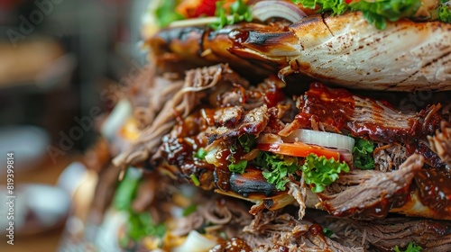 Close-up of a doner kebab, highlighting the layers of marinated meat, fresh greens, and tangy sauces, with a focus on the rich textures and colors