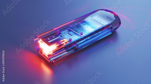 Close-up of a flash drive with a futuristic design, isolated on a clean background, enhanced by professional studio lighting, perfect for marketing