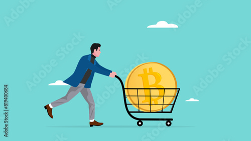 buying bitcoin, businessman investor pushing a shopping cart containing large bitcoin cash concept vector illustration