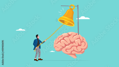 Self awareness, develop creativity to increase sensitivity in dealing with a situation, quick response, businessman ring the bell in his brain to awaken self-awareness and sensitivity to the situation