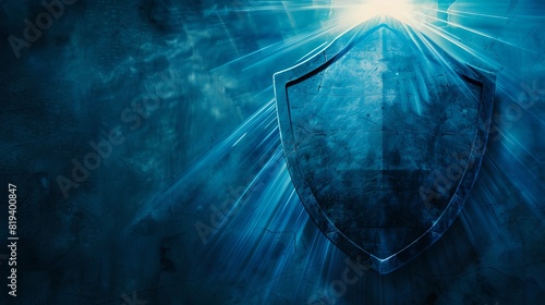 Abstract Blue Shield Emblem Radiating Light, Cybersecurity Concept Illustration, Digital Protection Theme, Perfect Background Image for Tech Use. AI