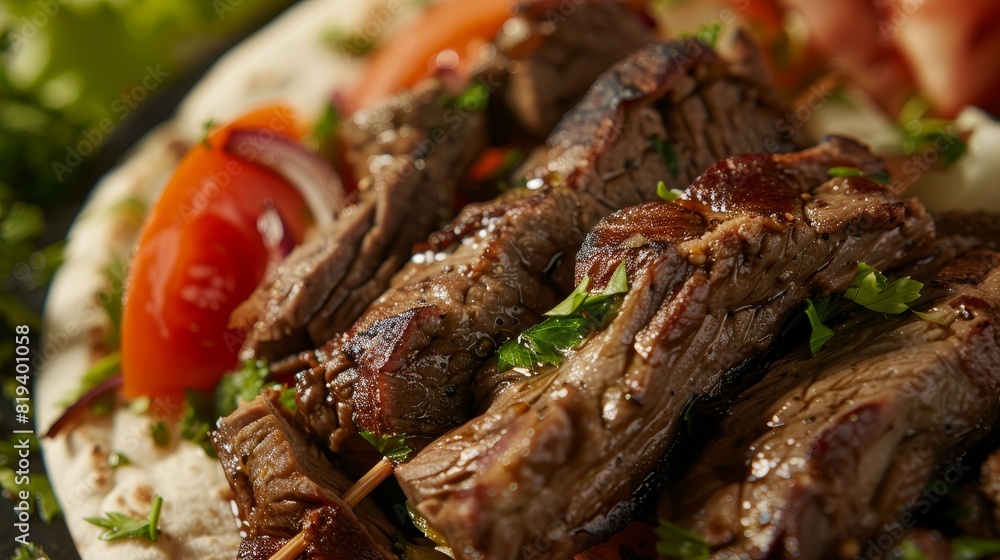 Close-up of a savory doner kebab, featuring perfectly cooked meat, fresh veggies, and warm pita bread, appetizing and detailed Close-up of a savory doner kebab, featuring perfectly cooked meat, fresh veggies, and warm pita bread, appetizing and detailed