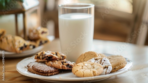 Close-up of a plate of cookies and biscotti with a glass of milk, isolated background, perfect for advertising, studio lighting highlighting textures