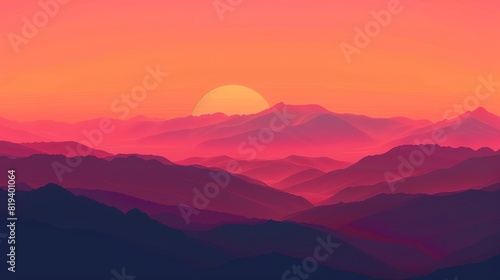 Close-up of a serene sunset over mountains  deep orange and pink colors blending in the sky  mountain silhouettes creating a peaceful and majestic view