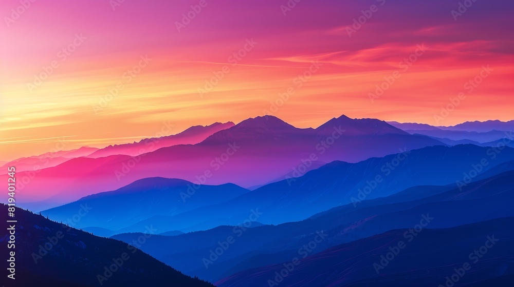 Close-up of mountains at sunset, vibrant colors of the setting sun casting a warm glow, dramatic mountain silhouettes framing the sky