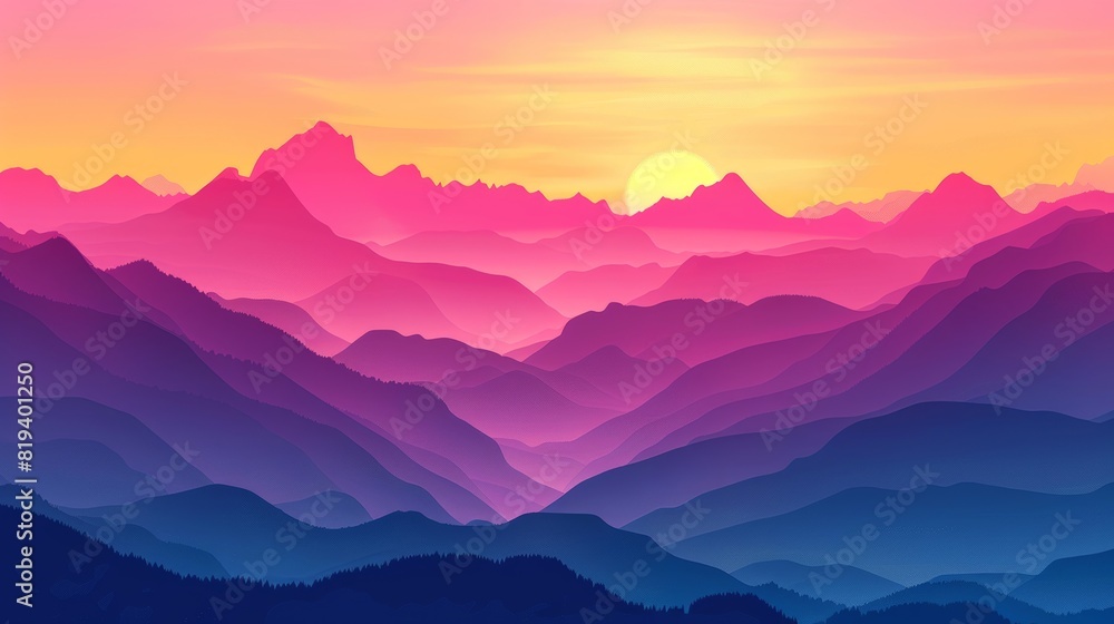 Close-up of mountains at sunset, vibrant colors of the setting sun casting a warm glow, dramatic mountain silhouettes framing the sky