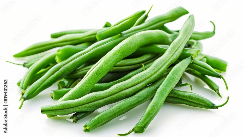 Close-up of steamed green beans on an isolated white background, studio lighting enhancing their fresh and vibrant green color, perfect for advertising