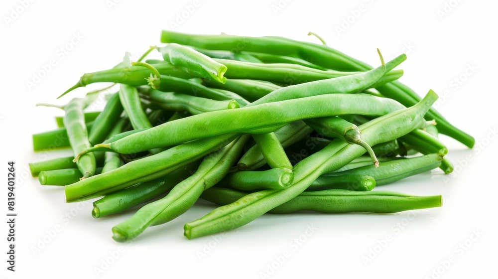 Close-up of steamed green beans on an isolated white background, studio lighting enhancing their fresh and vibrant green color, perfect for advertising Close-up of steamed green beans on an isolated white background, studio lighting enhancing their fresh and vibrant green color, perfect for advertising