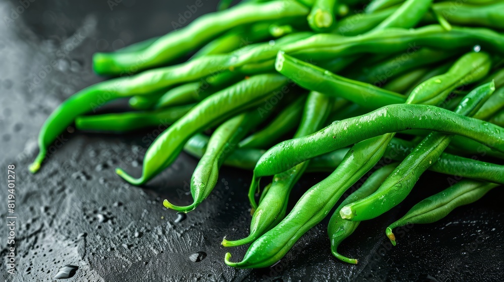 Close-up of tender steamed green beans, isolated background with studio lighting, focusing on their fresh green color and texture, perfect for ad campaigns Close-up of tender steamed green beans, isolated background with studio lighting, focusing on their fresh green color and texture, perfect for ad campaigns