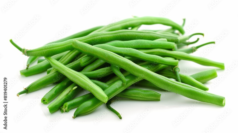 Close-up of steamed green beans on an isolated white background, studio lighting enhancing their fresh and vibrant green color, perfect for advertising Close-up of steamed green beans on an isolated white background, studio lighting enhancing their fresh and vibrant green color, perfect for advertising