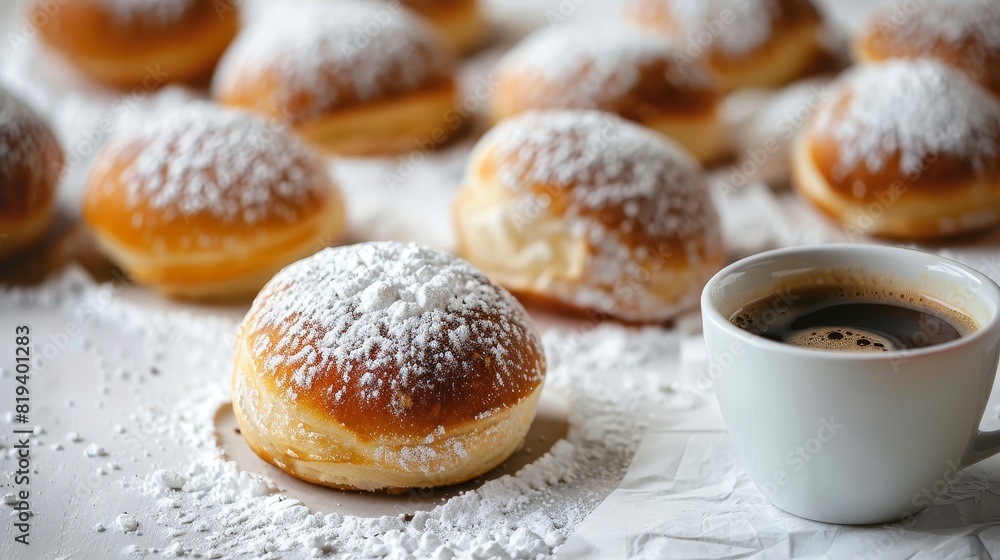 Close-up of powdered sugar donuts and coffee on a white isolated background, perfect breakfast scene with studio lighting, highlighting details for advertising Close-up of powdered sugar donuts and coffee on a white isolated background, perfect breakfast scene with studio lighting, highlighting details for advertising