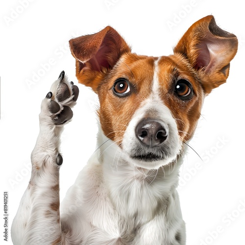 Adorable Dog with Perked Ears and Paw Raised in a Hello Gesture. Perfect for Pet Lovers. Isolated on White Background. Ideal for Greeting Cards. AI photo