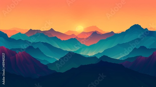 Close-up of mountains at sunset, vibrant colors of the setting sun casting a warm glow, dramatic mountain silhouettes framing the sky photo
