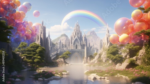 A Majestic Castle in a Fantasy World with Rainbow and Balloons