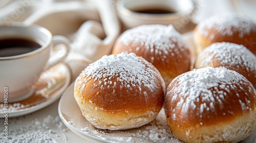 Close-up of powdered sugar donuts and coffee on a white isolated background, perfect breakfast scene with studio lighting, highlighting details for advertising photo