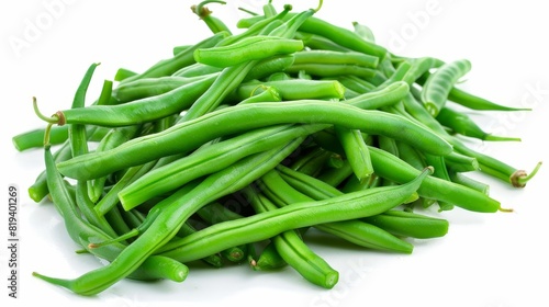 Close-up of steamed green beans on an isolated white background, studio lighting enhancing their fresh and vibrant green color, perfect for advertising photo