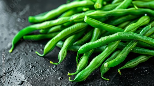 Close-up of tender steamed green beans, isolated background with studio lighting, focusing on their fresh green color and texture, perfect for ad campaigns photo