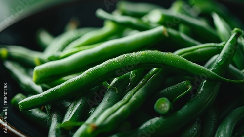 Close-up of tender steamed green beans, isolated background with studio lighting, focusing on their fresh green color and texture, perfect for ad campaigns photo