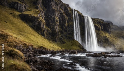 cinematisch aussehende landschaft mit traumhaften wasserfall, island, irland schottland
