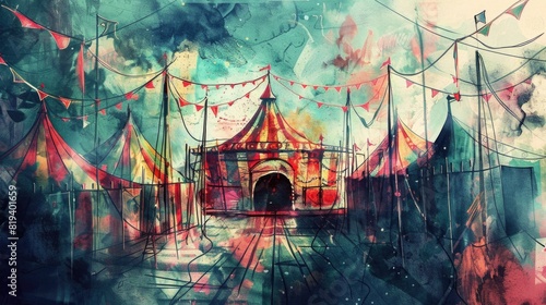 Wallpaper background. Watercolor and ink illustration of a circus.