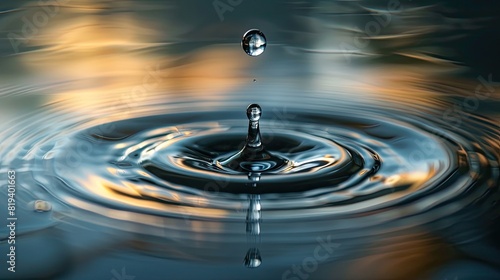 A drop of water, dripping onto a water surface, causing ripples in the water. Clear background, photorealistic style, soft reflections and gentle lighting to highlight the transparency of the water