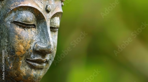 Close-up of serene Buddha statue with a green natural background, symbolizing peace, mindfulness, and spirituality.