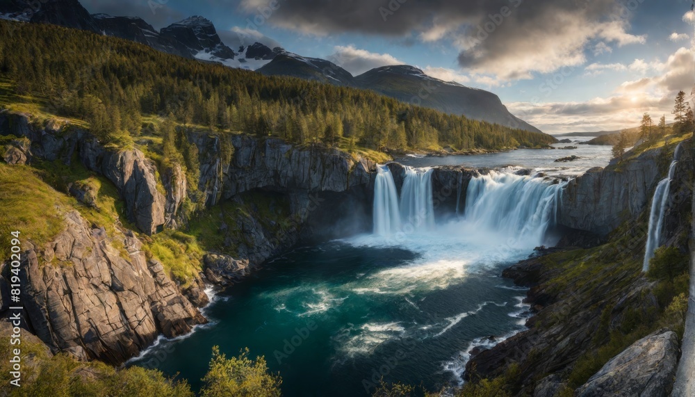 Obraz premium cinematisch aussehende landschaft mit traumhaften wasserfall, island, irland schottland