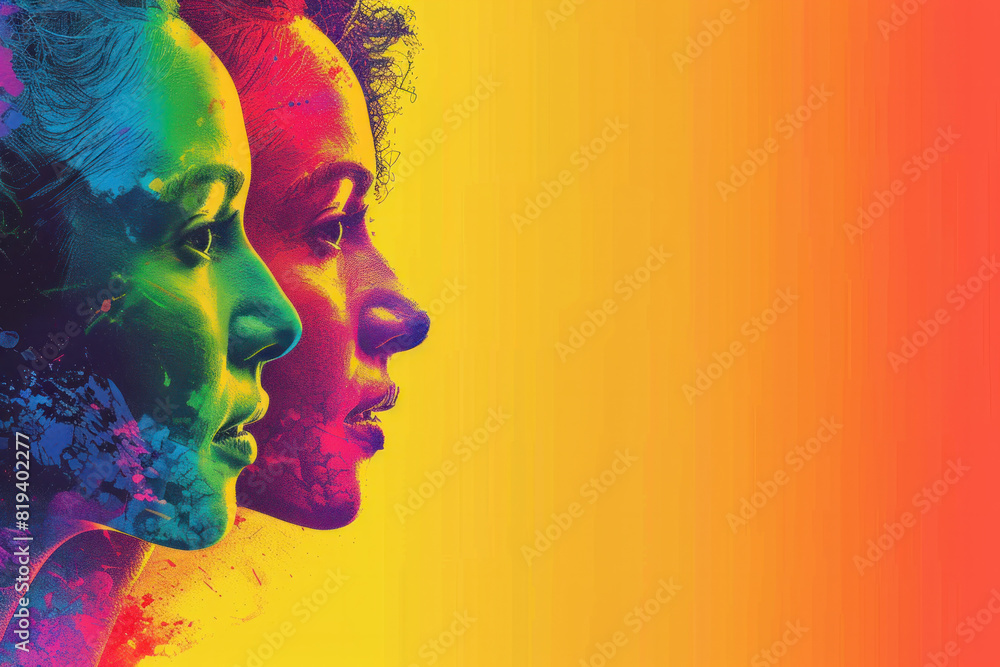 A colorful poster with three women's faces on it. The poster is titled A colorful poster with three women's faces on it. The poster is titled