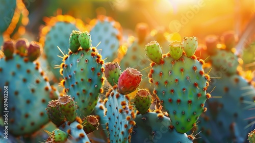 Detailed close-up of a cactus with green fruit in a desert garden at sunset  capturing the essence of springtime warmth and beauty