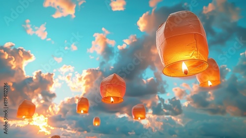 An serene image showcasing simplistic lanterns drifting in a cloudless sky, representing the Diwali celebration of illumination. Uncluttered backdrop allowing room for joyous greetings photo