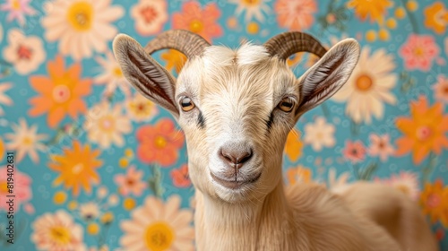 Flat styled artwork portrait image with clean lines of an adorable light tan colour polled hornless goat and on his background bright beautiful simple seamless floral pattern photo