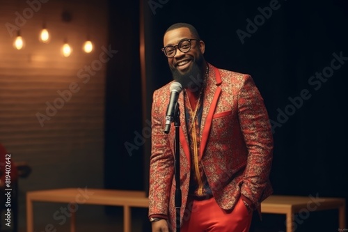 A Black ethnic stand-up comedian is talking on stage