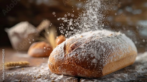 Flour is being sprinkled onto a loaf of bread