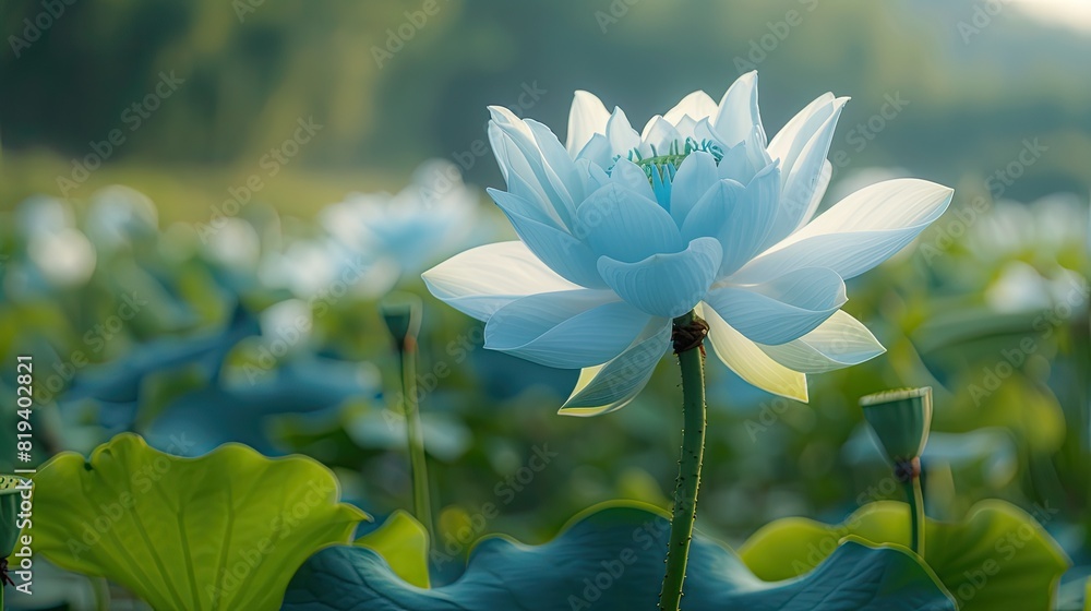 Obraz premium In the morning, in the valley, there was only one large blue white lotus with a thick and long stem, with layered petals and bright green leaves
