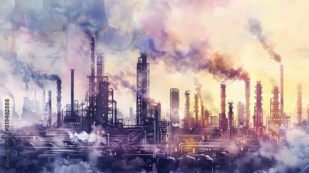 Watercolor drawing paint of industry zone, refinery power plant energy station for stored, petrochemical industrial.