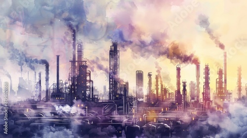 Watercolor drawing paint of industry zone  refinery power plant energy station for stored  petrochemical industrial.