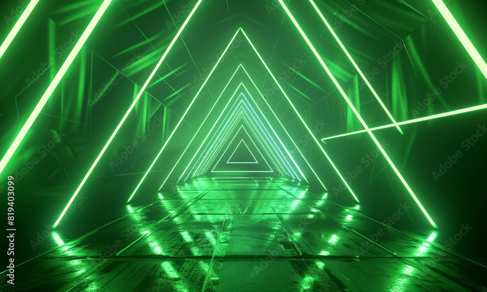 Fototapeta premium 3d render. Abstract green neon background with triangular shape, laser rays and glowing lines