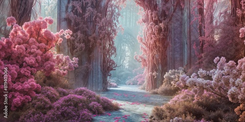 An abandoned park blooming with pink flowers with the ruins of an ancient civilization