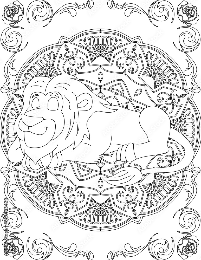 Fototapeta premium Lion on Mandala Coloring Page. Printable Coloring Worksheet for Adults and Kids. Educational Resources for School and Preschool. Mandala Coloring for Adults