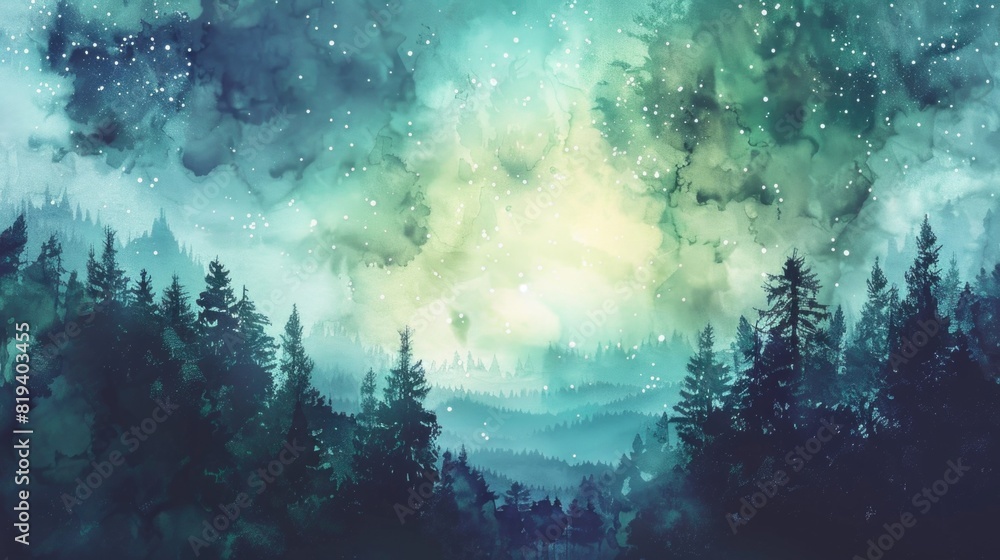 Fototapeta premium Watercolor Illustration Landscape with Fantastic Starry Sky and Forest.