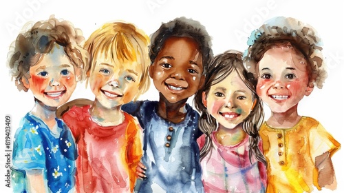 Watercolor illustration group of happy smiling children of different nationalities standing in an embrace. photo