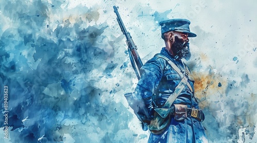  Watercolor illustration of a civil war soldier. Canvas texture. Blue uniform. The War of the Rebellion, The Brothers' War.
