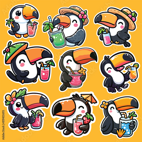 A Bundle of toucan vector illustration sticker collection on the background.