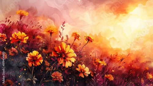 Watercolor illustration of marigold flowers at sunset.